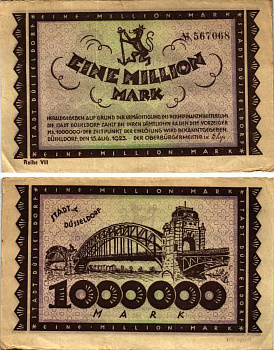 ДЮССЕЛЬДОРФ 1000000 МАРОК 1923 НОТГЕЛЬД, 15 АВГУСТА 1923, ЗЕМЛЯ СЕВЕРНЫЙ РЕЙН-ВЕСТФАЛИЯ, REIHE VII Keller 1150q бумага 6318-37-1-1