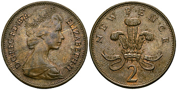 Великобритания 2 пенса 1979 Елизавета II (1952-2022) KM 916, Spink 4235 (C1) бронза 4381-345