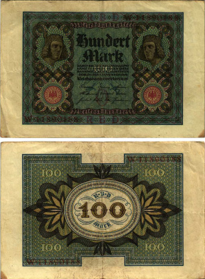 Германия 100 марок 1920 Бамбергский всадник, 8 цифр в номере, серия W, буква O Pick 69 b, Розенберг 69b бумага 8609-55-2