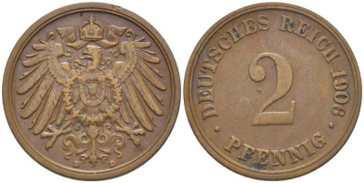 ГЕРМАНИЯ 2 ПФЕННИГА 1906 D KM 16, J. 11, Weege 4 медь 206-525