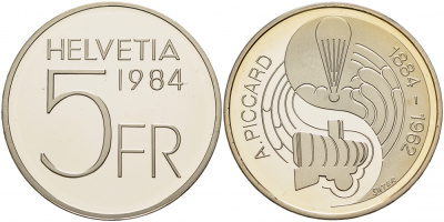 ШВЕЙЦАРИЯ 5 ФРАНКОВ 1984 100 ЛЕТ СО ДНЯ РОЖДЕНИЯ АВГУСТА ПИККАРДА KM 63 медно-никель PROOF 1087-3-34