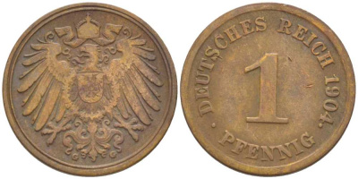 ГЕРМАНИЯ 1 ПФЕННИГ 1904 G KM 10, J. 10, Weege 2 медь 211-326