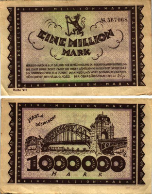 ДЮССЕЛЬДОРФ 1000000 МАРОК 1923 НОТГЕЛЬД, 15 АВГУСТА 1923, ЗЕМЛЯ СЕВЕРНЫЙ РЕЙН-ВЕСТФАЛИЯ, REIHE VII Keller 1150q бумага 6318-37-1-1