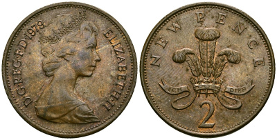Великобритания 2 пенса 1979 Елизавета II (1952-2022) KM 916, Spink 4235 (C1) бронза 4381-345