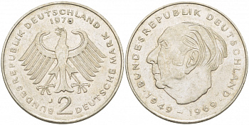 ФРГ 2 марки 1978 J, Теодор Хойс KM 127, J. 407 медно-никель плакированный никелем 3718-1021