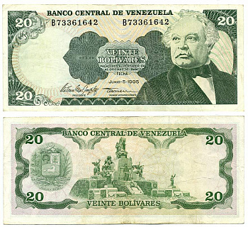 Венесуэла 20 боливаров 1995 Pick 63e бумага 8592-17-2-1