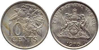 Тринидад и Тобаго 10 центов 1976 цветок гибискуса KM 31 медно-никель 4396-848