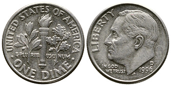 США 10 ЦЕНТОВ = 1 ДАЙМ 1996 D, РУЗВЕЛЬТ KM 195а медь плакированная медно-никелем 57-1252