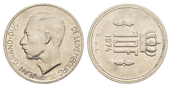 Люксембург 10 франков 1974 Герцог Жан (1964-1999), брак, разворот на 90 градусов KM 57 никель 4641-1055