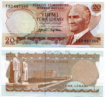 ТУРЦИЯ 20 ЛИР 1974 подписи ЧЁРНЫЕ, ПРЕЗИДЕНТ КЕМАЛЬ АТАТЮРК Pick 187a бумага UNC (пресс) 8604-28-3-1