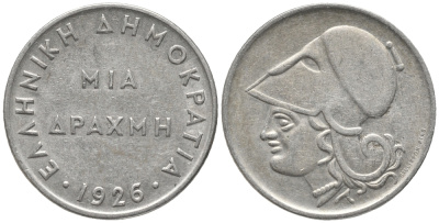 Греция 1 драхма 1926 Афина в шлеме KM 69 медно-никель 28-1225