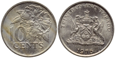 Тринидад и Тобаго 10 центов 1976 цветок гибискуса KM 31 медно-никель 4396-848