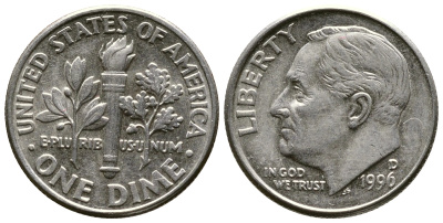 США 10 ЦЕНТОВ = 1 ДАЙМ 1996 D, РУЗВЕЛЬТ KM 195а медь плакированная медно-никелем 57-1252
