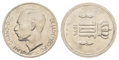 Люксембург 10 франков 1974 Герцог Жан (1964-1999), брак, разворот на 90 градусов KM 57 никель 4641-1055