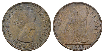 Великобритания 1 пенни 1963 Елизавета II (1952-2022) KM 897, Spink 4157 бронза 3855-226