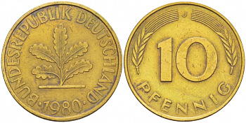 ФРГ 10 ПФЕННИГОВ 1980 J KM 108, J.383 сталь плакированная латунью 3718-822