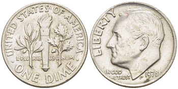 США 10 центов (дайм) 1978 Рузвельт KM 195а медь плакированная медно-никелем  217-1056