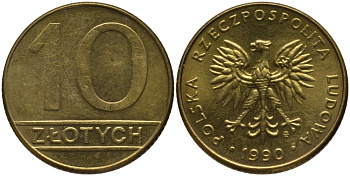 Польша 10 злотых 1990 MW, Народная Республика KM 152.2, Parchimowicz 244b латунь 186-1236