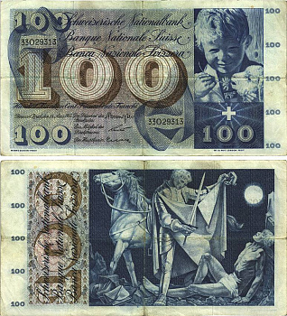 Швейцария 100 франков 1963 28 марта 1963, серия 33 O, подпись 40 Pick 49 e бумага 8606-19-1-2