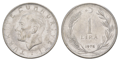 Турция 1 лира 1975 Кемаль Ататюрк KM 889a.2 нержавеющая сталь 4648-752