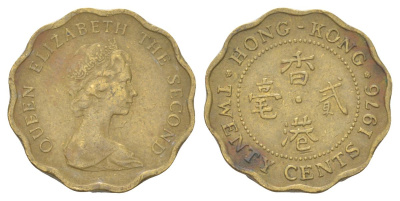 Гонконг 20 центов 1976 KM 36 никель латунь 4627-864