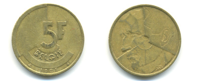 БЕЛЬГИЯ 5 ФРАНКОВ 1986 BELGIE KM 164 латунь или алюминиевая бронза 86-1354