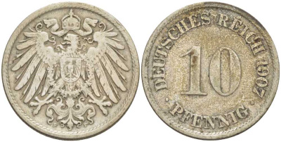 Германия 10 пфеннигов 1907 F KM 12, J. 13, Weege 8 медно-никель 176-411