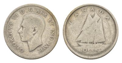 Канада 10 центов 1937 Георг VI (1936-1952), парусник KM 34 серебро 4639-537