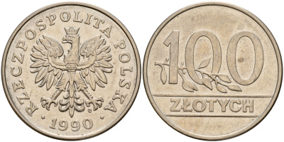 Польша 100 злотых 1990 MW, Демократическая Республика KM 214, Parchimowicz 602 медно-никель UNC 4157-825