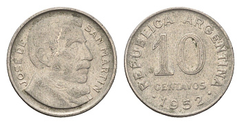 Аргентина 10 сентаво 1952 генерал Хосе де Сан Мартин KM 47 медно-никель 4664-548