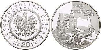 Польша 20 злотых 1997 MW, замок Пескова-Скала XIV век KM 332 серебро PROOF 1080-5-51