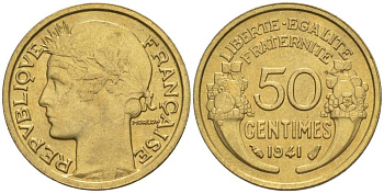 Франция 50 сантимов 1941 тип Морлон KM 894.1, Le Franc 192.18 алюминиевая бронза 44-358