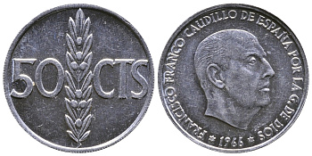 ИСПАНИЯ 50 СЕНТИМО 1966 (71) ФРАНСИСКО ФРАНКО ДИКТАТОР ИСПАНИИ (1939-1975) KM 795 алюминий 26-942