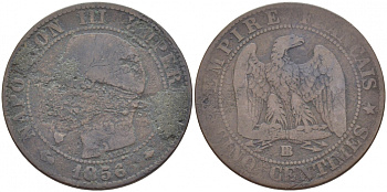 Франция 5 сантимов 1856 BB, Наполеон III (1852-1870) KM 777.3, LA FRANC 116.32 бронза 4448-1244