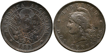 Аргентина 2 сентаво 1885 голова свободы влево KM 8 бронза 4531-1215