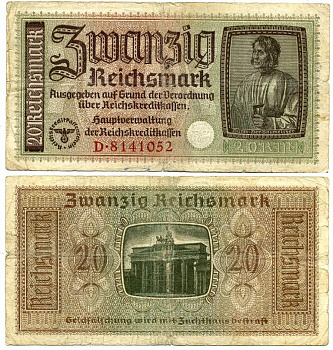 ГЕРМАНИЯ 20 РЕЙХСМАРОК 1940-1945 ДЛЯ ОККУПИРОВАННЫХ ТЕРРИТОРИЙ Pick R139 бумага 3295-67-3