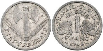 Франция 1 франк 1944 Правительство Виши KM 902 алюминий 4577-924