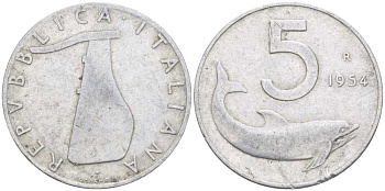 ИТАЛИЯ 5 ЛИР 1954 R, РУЛЬ, ДЕЛЬФИН KM 92 алюминий 95-542