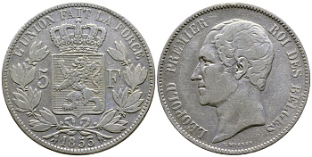 Бельгия 5 франков 1853 Леопольд I (1831-1865) KM 17 серебро 00-1067-5-44