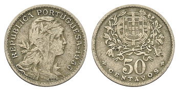 Португалия 50 сентаво 1955 голова Свободы вправо KM 577 никель латунь 4659-637