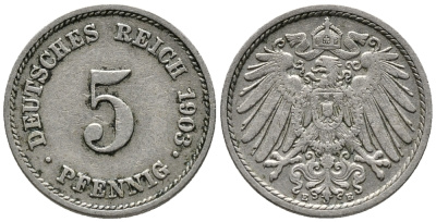 ГЕРМАНИЯ 5 ПФЕННИГОВ 1903 E KM 11, J. 12 медно-никель 39-764