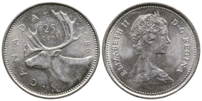 Канада 25 центов 1986 Елизавета II (1952-2022), олень KM 74 никель 4364-2123