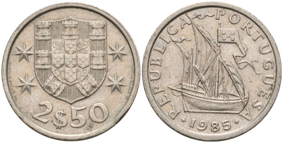 Португалия 2,5 эскудо 1985 парусник KM 590 медно-никель 4152-614