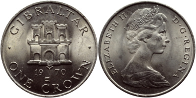 Гибралтар 1 крона 1970 Елизавета II (1952-2022), старый замок KM 4 медно-никель UNC 74-814