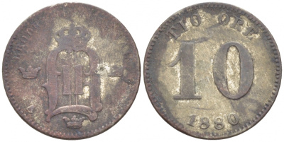 Швеция 10 эре 1880 Оскар II (1872-1907) король Швеции и Норвегии, LARGE LETTERING KM 755 (530) серебро 1515-631