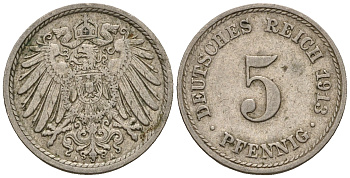 Германия 5 пфеннигов 1913 A, KM 11, J. 12 медно-никель 220-714