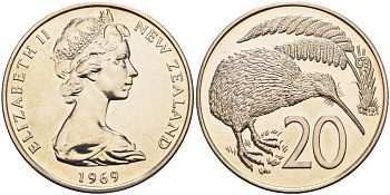 Новая Зеландия 20 центов 1969 Елизавета II (1952-2022), птичка киви KM 36.1 медно-никель UNC 4144-543