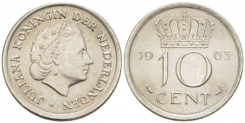 Нидерланды 10 центов 1965 Юлиана (1949-1980) KM 182 никель 3309-631