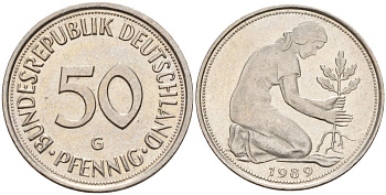 ФРГ 50 пфеннигов 1989 G KM 109, J. 384 медно-никель 4177-726