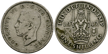 Великобритания 1 шиллинг 1947 Георг VI (1936-1952), Шотландский герб KM 864, Spink 4104 медно-никель 4167-1244